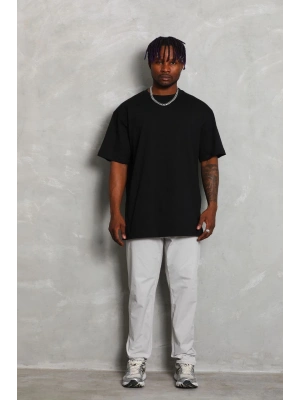 Unisex Oversize Düz Bisiklet Yaka T-Shirt - Siyah