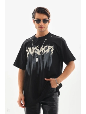 Unisex Oversize Kolye Dahil T-Shirt - Siyah