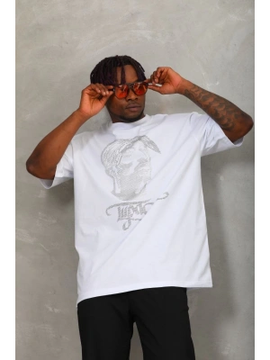 Unisex Oversize Taşlı Bisiklet Yaka T-Shirt - Beyaz