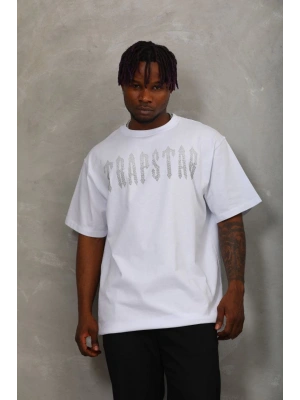 Unisex Oversize Taşlı Bisiklet Yaka T-Shirt - Beyaz