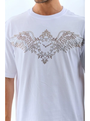 Unisex Oversize Taşlı Bisiklet Yaka T-Shirt - Beyaz