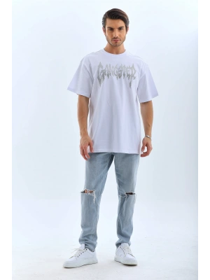 Unisex Oversize Taşlı Bisiklet Yaka T-Shirt - Beyaz