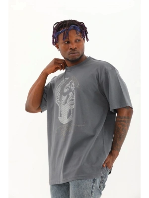 Unisex Oversize Taşlı Bisiklet Yaka T-Shirt - Füme