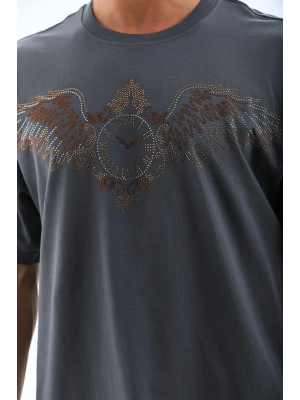 Unisex Oversize Taşlı Bisiklet Yaka T-Shirt - Füme