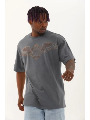 Unisex Oversize Taşlı Bisiklet Yaka T-Shirt - Füme