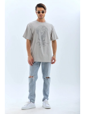 Unisex Oversize Taşlı Bisiklet Yaka T-Shirt - Gri