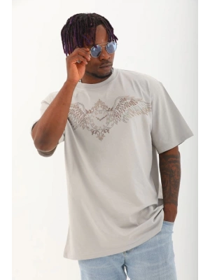 Unisex Oversize Taşlı Bisiklet Yaka T-Shirt - Gri