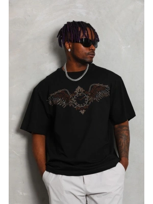 Unisex Oversize Taşlı Bisiklet Yaka T-Shirt - Siyah