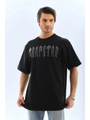 Unisex Oversize Taşlı Bisiklet Yaka T-Shirt - Siyah