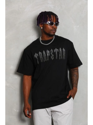 Unisex Oversize Taşlı Bisiklet Yaka T-Shirt - Siyah