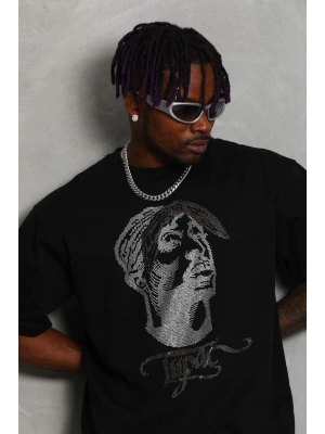 Unisex Oversize Taşlı Bisiklet Yaka T-Shirt - Siyah