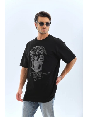 Unisex Oversize Taşlı Bisiklet Yaka T-Shirt - Siyah