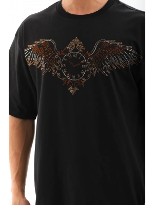 Unisex Oversize Taşlı Bisiklet Yaka T-Shirt - Siyah