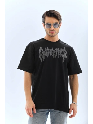 Unisex Oversize Taşlı Bisiklet Yaka T-Shirt - Siyah