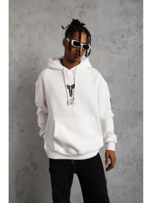 Unisex Sırt Baskılı Kapüşonlu Üç İplik Oversize Sweatshirt - Beyaz