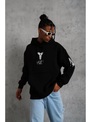 Unisex Sırt Baskılı Kapüşonlu Üç İplik Oversize Sweatshirt - Siyah