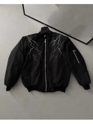Unisex Siyah Bomber Mont – Beyaz Şimşek Desenli, Fermuarlı Cepli, Kapitone Astarlı Sokak Stili Günlük Ceket - Siyah