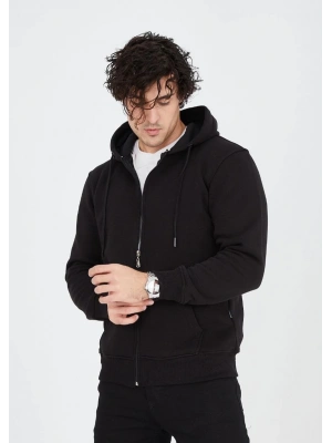 Unisex Tam Fermuarlı Kapşonlu  SweatShirt - Siyah