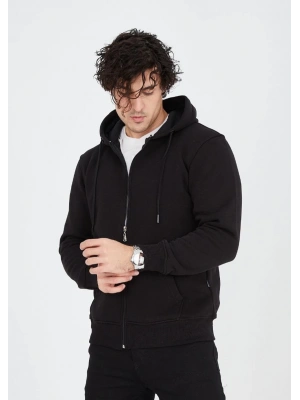 Unisex Tam Fermuarlı Kapşonlu  SweatShirt - Siyah
