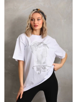 Unisex Taş Desenli Oversize T-Shirt - Beyaz