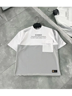 Unisex Torba Cep Detaylı  Parçalı T-Shirt - Gri