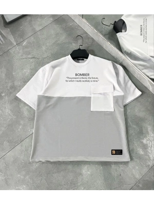 Unisex Torba Cep Detaylı  Parçalı T-Shirt - Gri