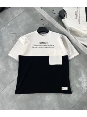 Unisex Torba Cep Detaylı  Parçalı T-Shirt - Siyah