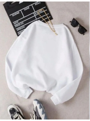 Unisex Üç İplik Biskilet Yaka SweatShirt - Beyaz