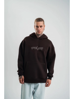 Unisex Üç İplik Kapşonlu Nakışlı SweatShirt - Kahve