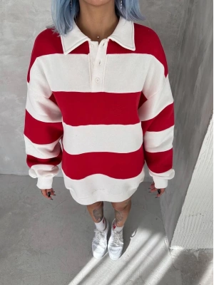 Unisex Üç İplik Parçalı Yakalı SweatShirt - Kırmızı