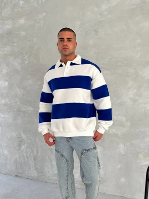 Unisex Üç İplik Parçalı Yakalı SweatShirt - Mavi