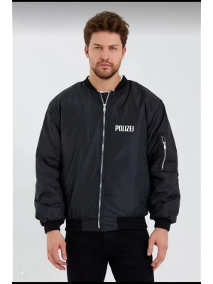 Erkek Siyah Bomber Mont – POLIZEI Yazılı, Fermuarlı Cepli, Kapitone Astarlı, Su İtici Kumaş Şık Günlük Ceket- Siyah