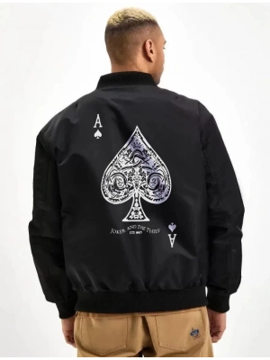 Erkek Bomber Mont – Siyah Renk, Maça Ası Baskılı, Fermuarlı, Cepli, Kapitone Astarlı, Bahar Kış Günlük Mont Ceket - Siyah