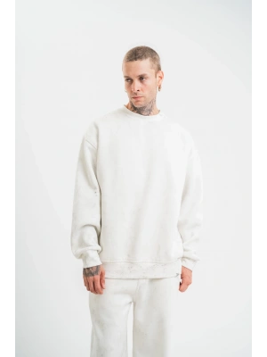 Unisex Uzun Kol Bisiklet Yaka Yıkamalı SweatShirt - Beyaz