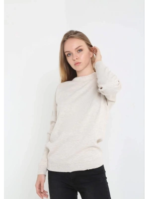 Unisex Uzun Kol Biskilet Yaka Dokuma Triko - Bej