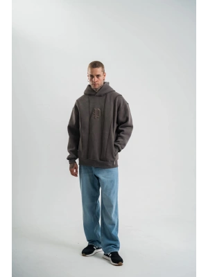 Unisex Uzun Kol Kapşonlu Yıkamalı Nakışlı SweatShirt - Füme