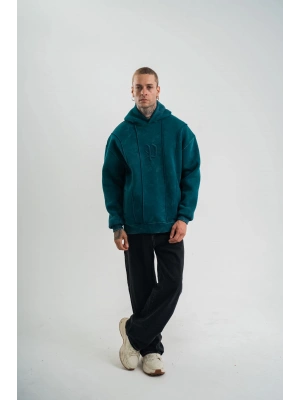 Unisex Uzun Kol Kapşonlu Yıkamalı Nakışlı SweatShirt - Koyu Deniz Yeşili