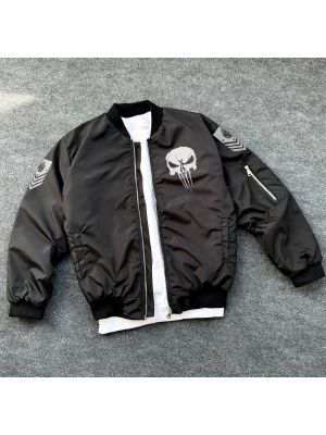 Siyah Askeri Tarz Bomber Mont – Unisex, Punisher Skull Detaylı, Fermuarlı, Cepli, Uzun Kollu, Bahar ve Kış Günlük Moda İçin Uygun - Siyah