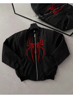 Örümcek Desenli Siyah Bomber Mont – Unisex Kullanıma Uygun, Fermuarlı Cepli, Kapitone Astarlı, Bahar Kış Günlük Giyim İçin Moda Ceket Modeli - Siyah