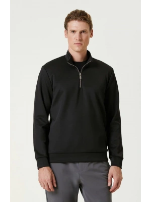 Unisex Uzun Kol Yarım Farmuarlı Yakalı Basic SweatShirt - Siyah