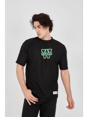 Unisex Waffle Kumaş Çift Katlamalı Kol Baskılı T-Shirt - Siyah