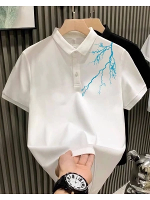 Unisex Yakası Düğmeli Oversize Baskılı T-Shirt - Beyaz