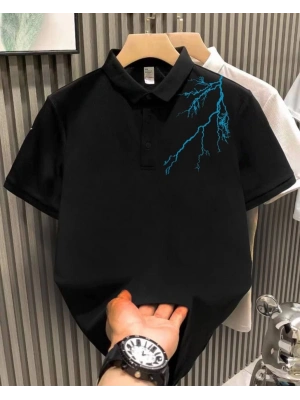 Unisex Yakası Düğmeli Oversize Baskılı T-Shirt - Siyah