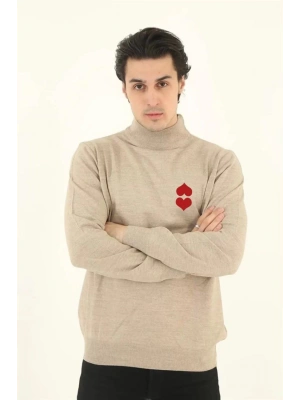 Unisex Yarım Boğazlı Baskılı Dokuma Triko - Bej