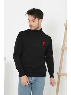 Unisex Yarım Boğazlı Baskılı Dokuma Triko - Siyah