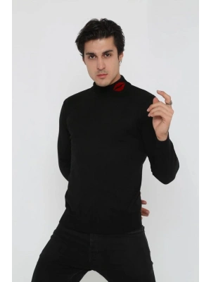 Unisex Yarım Boğazlı Baskılı Dokuma Triko - Siyah