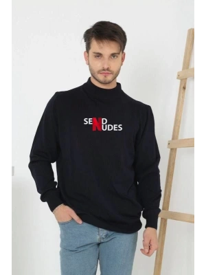 Unisex Yarım Boğazlı Baskılı Dokuma Triko - Siyah