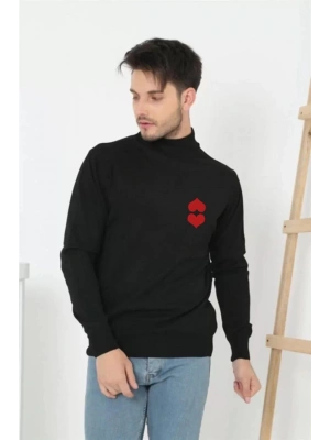 Unisex Yarım Boğazlı Baskılı Dokuma Triko - Siyah