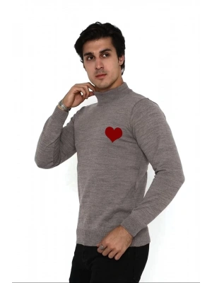 Unisex Yarım Boğazlı Baskılı Dokuma Triko - Vizon