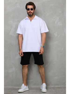 Unisex Yarım Fermuarlı Düz Oversize T-shirt - Beyaz